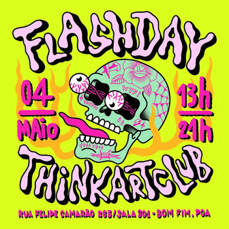 Cartaz do Flash Day: caveira verde com a língua de fora entre chamas, 4 de maio, das 13h às 21h, no thINK